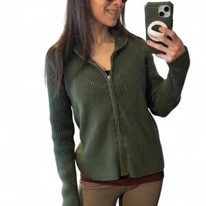 EVIE Forest Green Ribbed Zip-Up Sweater